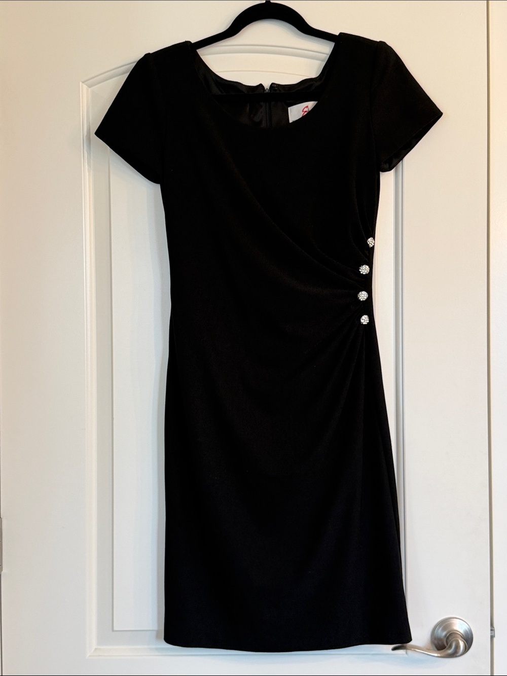 Women's Black Short Sleeve Ruched Mini Dress with Decorative Buttons, Size 8